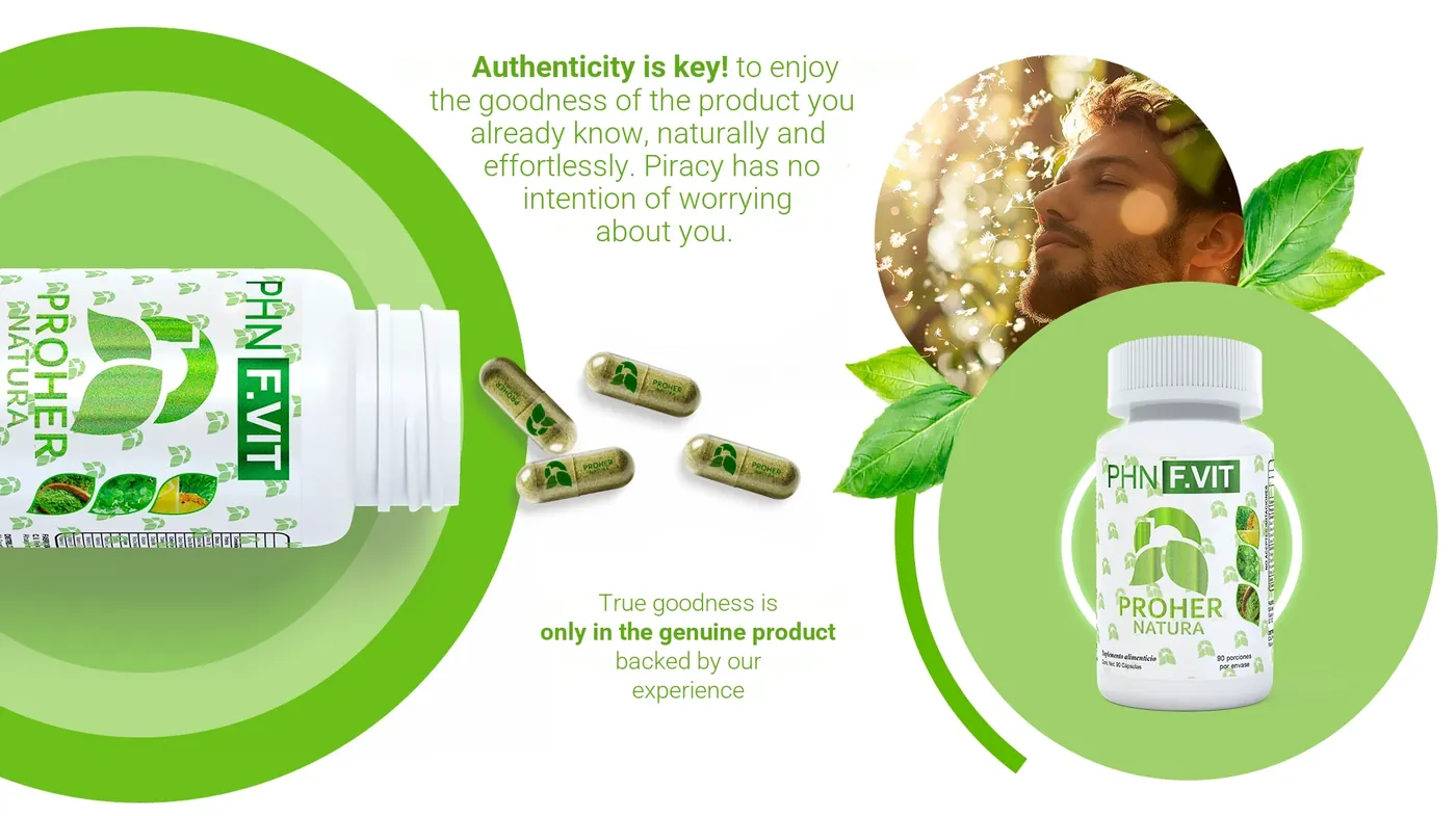 PHN F.VIT bottle with scattered capsules and a message about buying genuine product