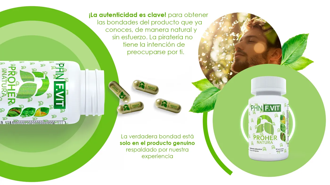 Frasco de PHN F.VIT con cápsulas esparcidas y mensaje sobre comprar producto genuino