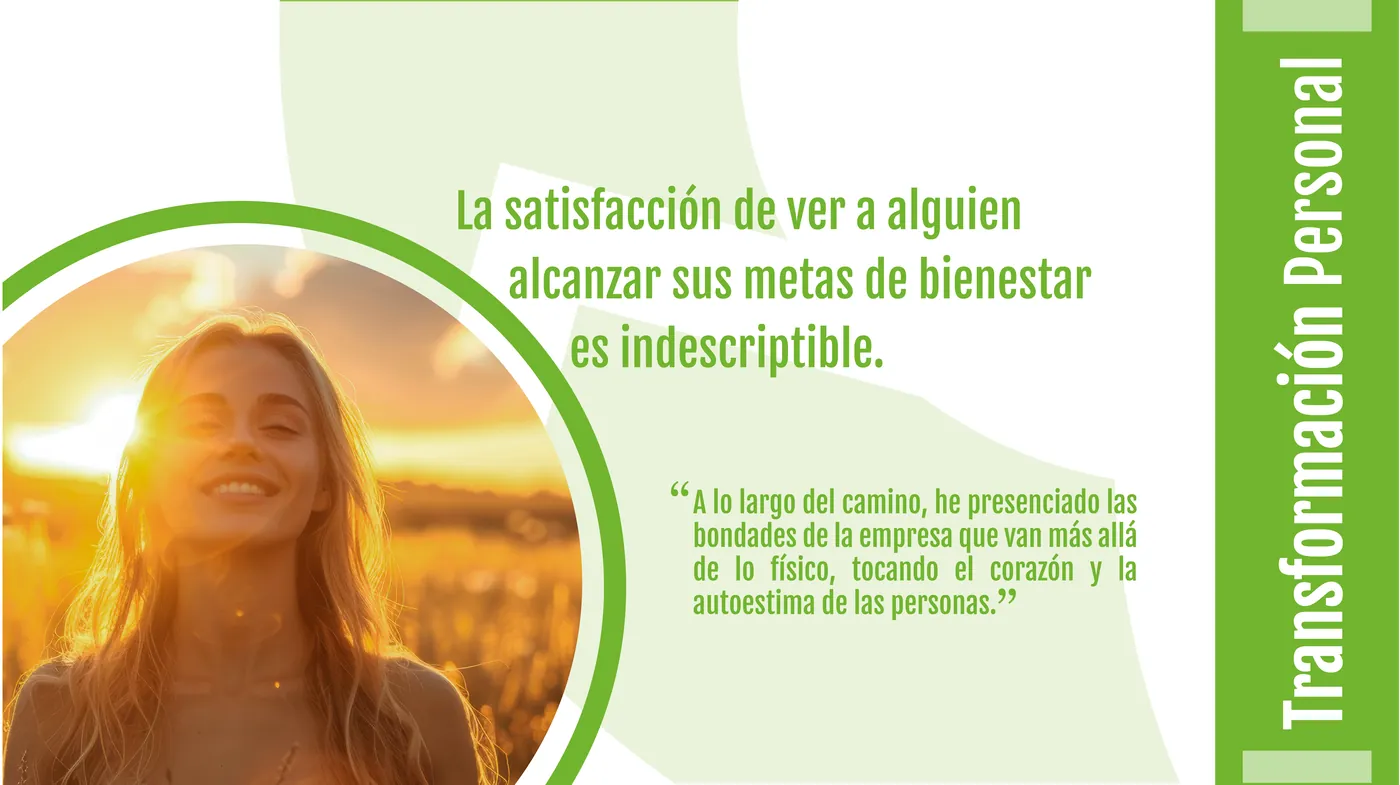 Mujer sonriente al atardecer, con el texto Transformación personal