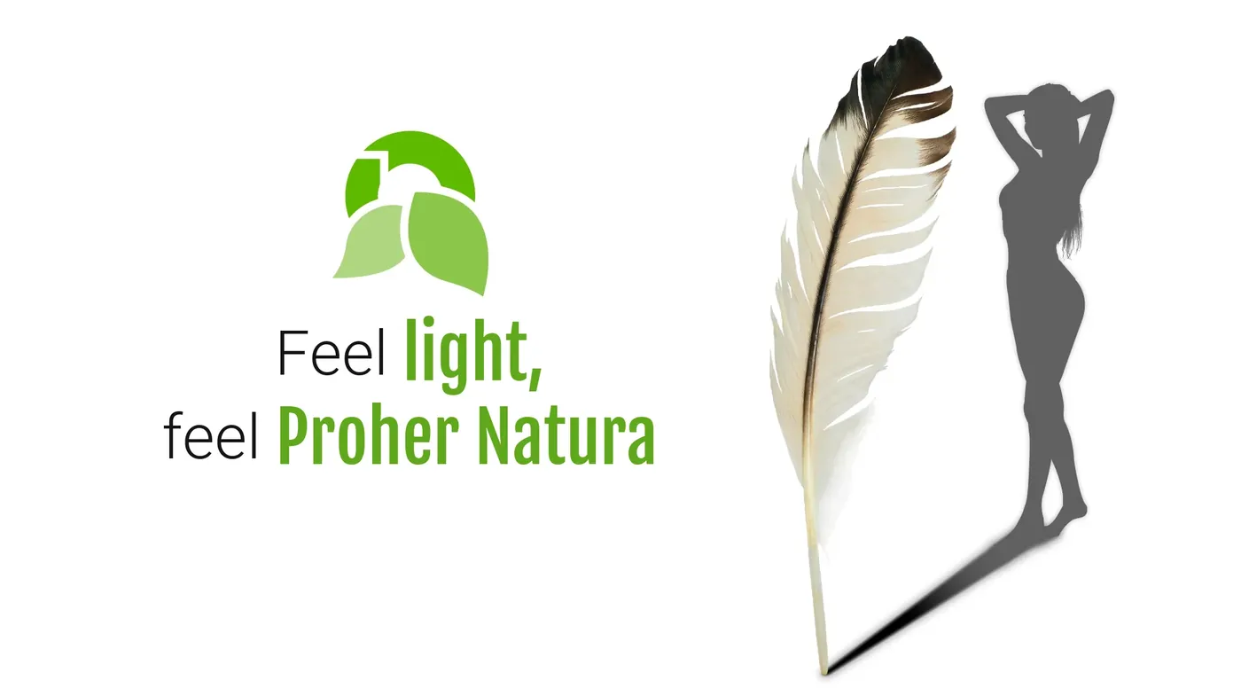 Bird feather and the silhouette of a woman with the text Feel light, feel Proher Natura