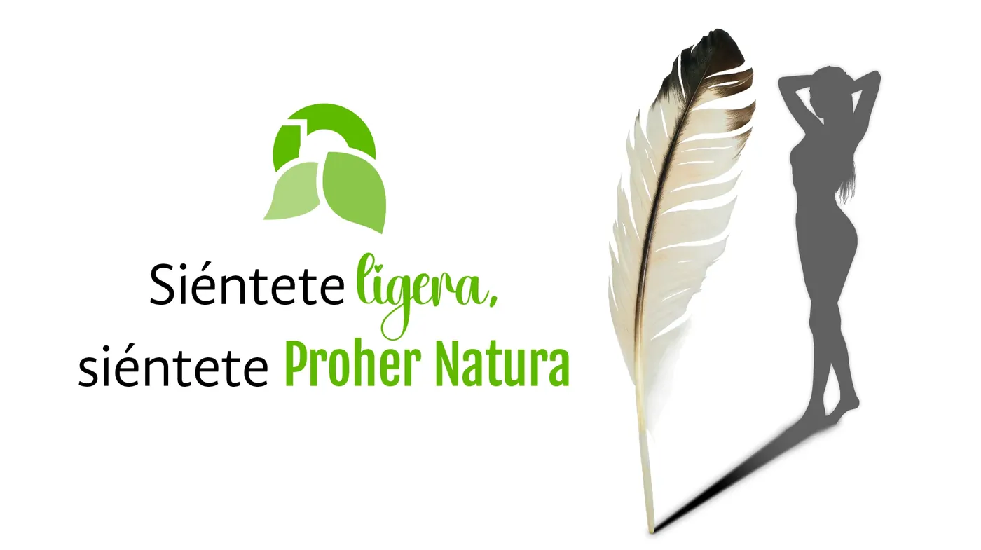 Pluma de ave y silueta de una mujer con el texto Siéntete ligera, siéntete Proher Natura