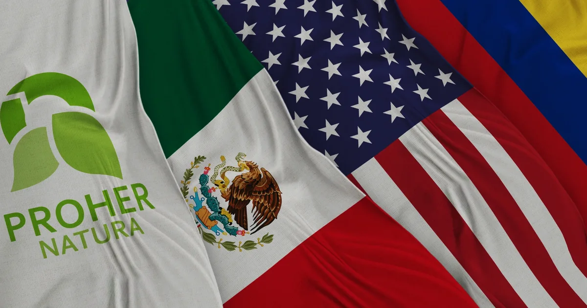 Bandera de tela con el logo de Proher Natura junto a las de Estados Unidos y Colombia