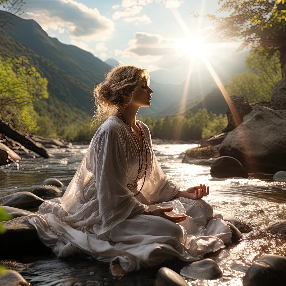 Mujer sentada junto a un río de montaña con el sol de fondo