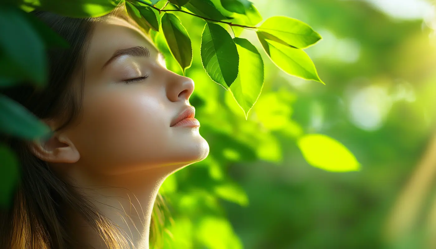 Mujer con los ojos cerrados entre hojas verdes y luz de sol